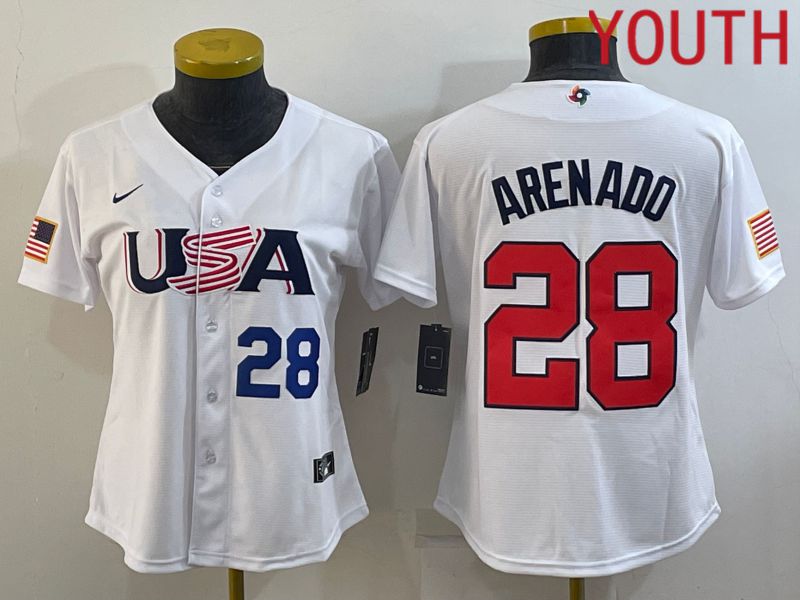 Youth 2023 World Cub USA 28 Arenado White MLB Jersey5